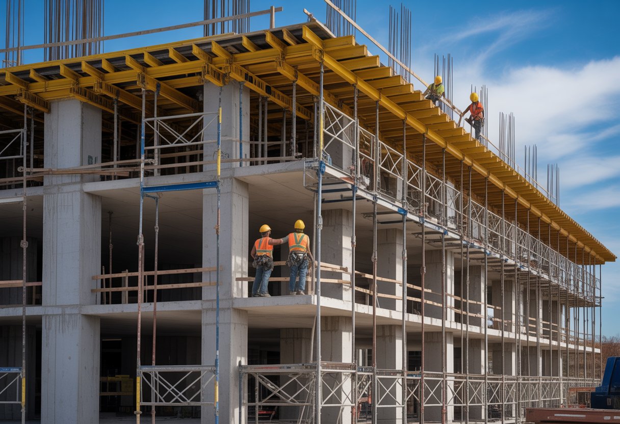 Construction workers on sturdy scaffolding around a multi-storey building at a commercial construction site.