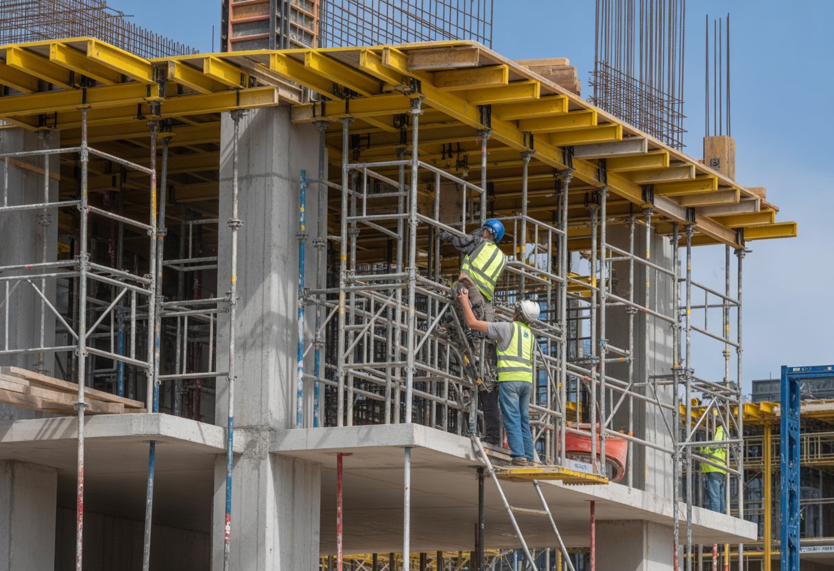 Construction workers on sturdy scaffolding around a multi-storey commercial building under construction.