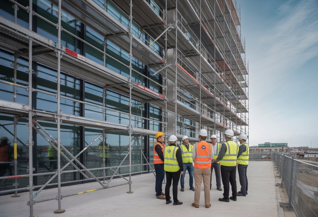Construction workers wearing safety gear standing near well-built scaffolding on a building site during a safety briefing.