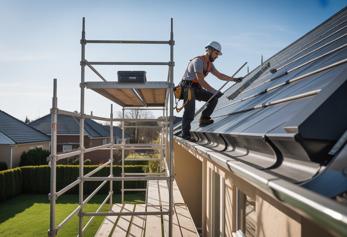 A roofer wearing safety gear working on a residential roof using secure scaffolding with guardrails on a sunny day.