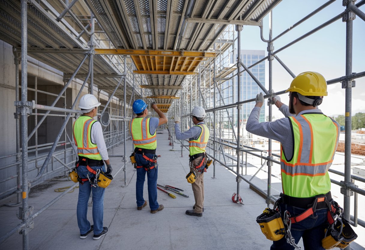 Construction workers wearing safety gear inspecting and assembling scaffolding at a building site.