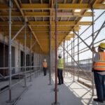 Construction workers inspecting scaffolding at a building site with safety gear and partially assembled scaffolding structures.