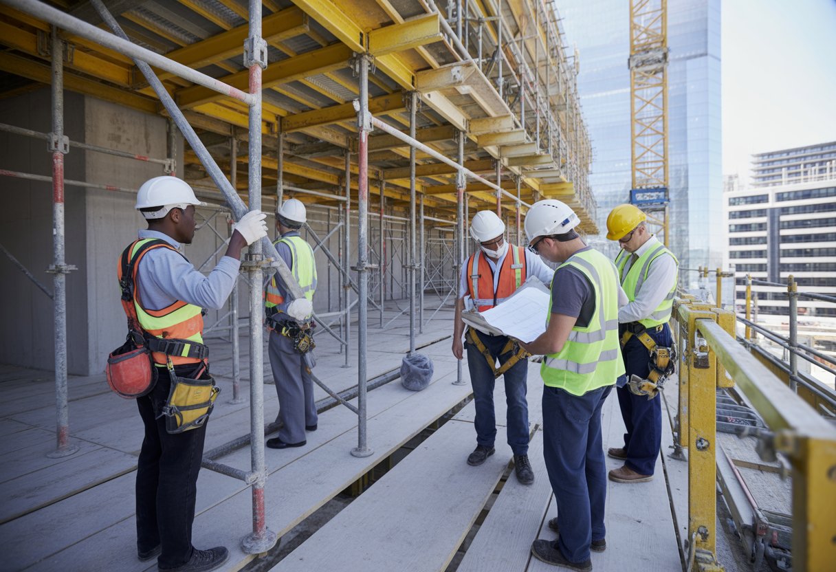 Construction workers assembling scaffolding at a building site, wearing safety gear and inspecting the structure.