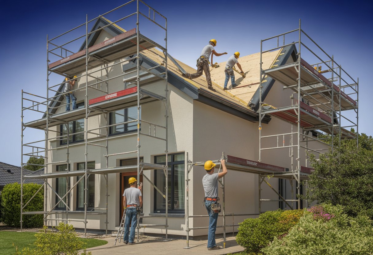 A two-story house with scaffolding and workers performing various home improvement tasks on the exterior walls and roof.