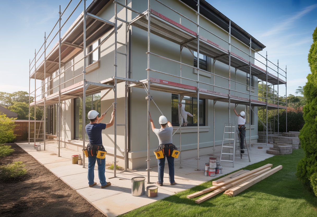Workers on scaffolding around a two-story house performing home improvement tasks under clear daylight.