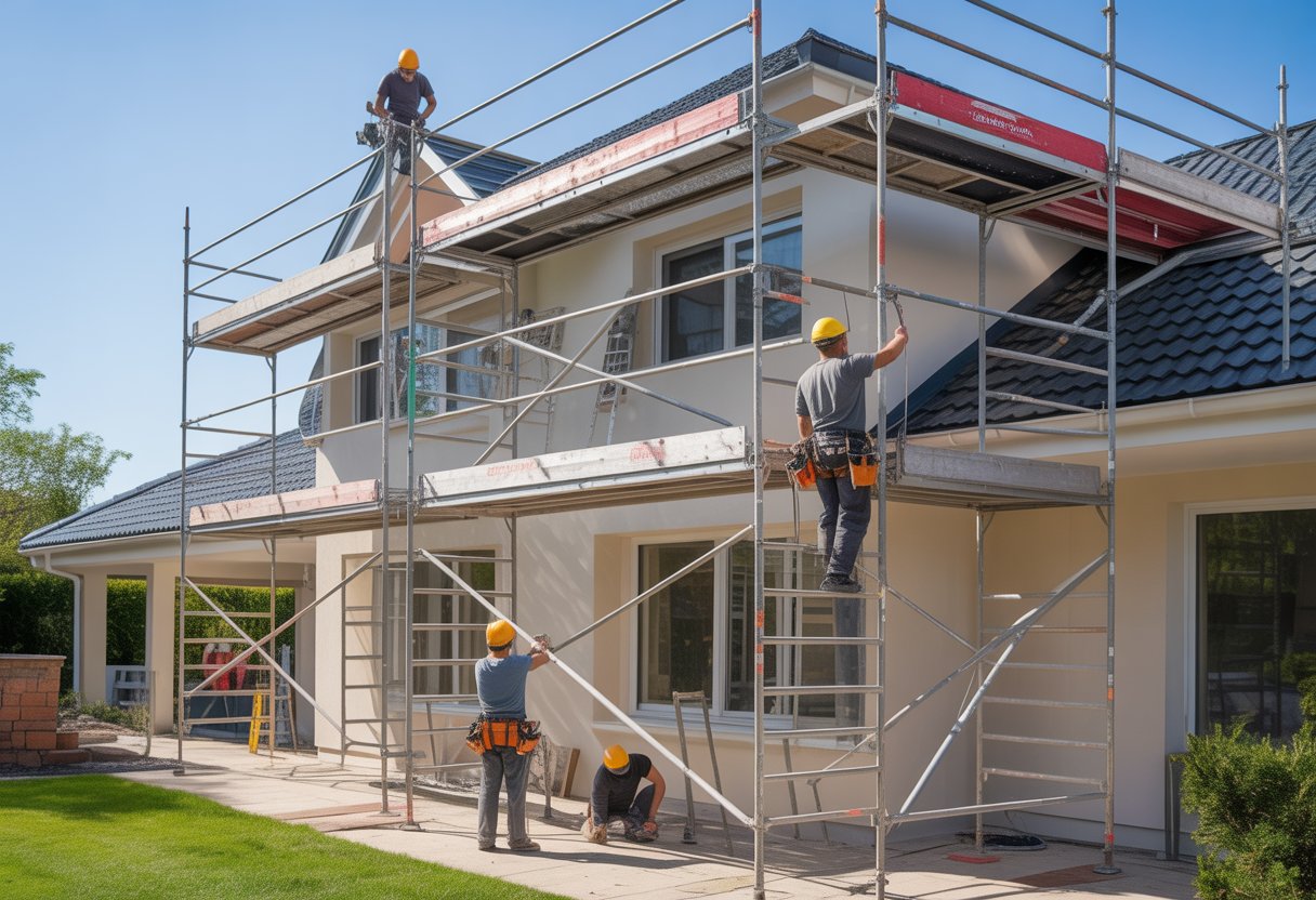 A two-story house surrounded by scaffolding with workers performing home improvement tasks like painting, roof repair, and window installation.