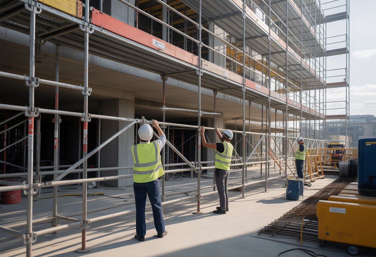 Construction workers assembling scaffolding around a building at a busy construction site.