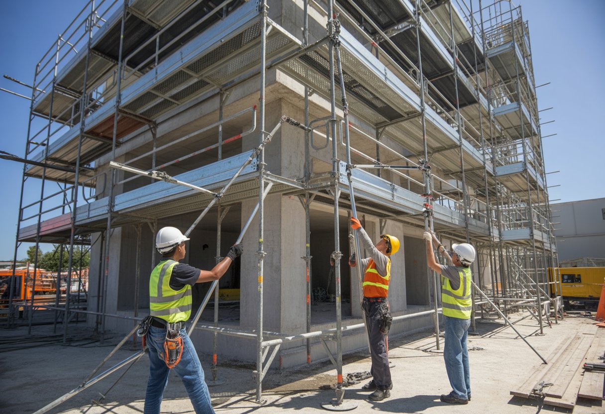 Construction workers assembling scaffolding around a building at a busy building site.