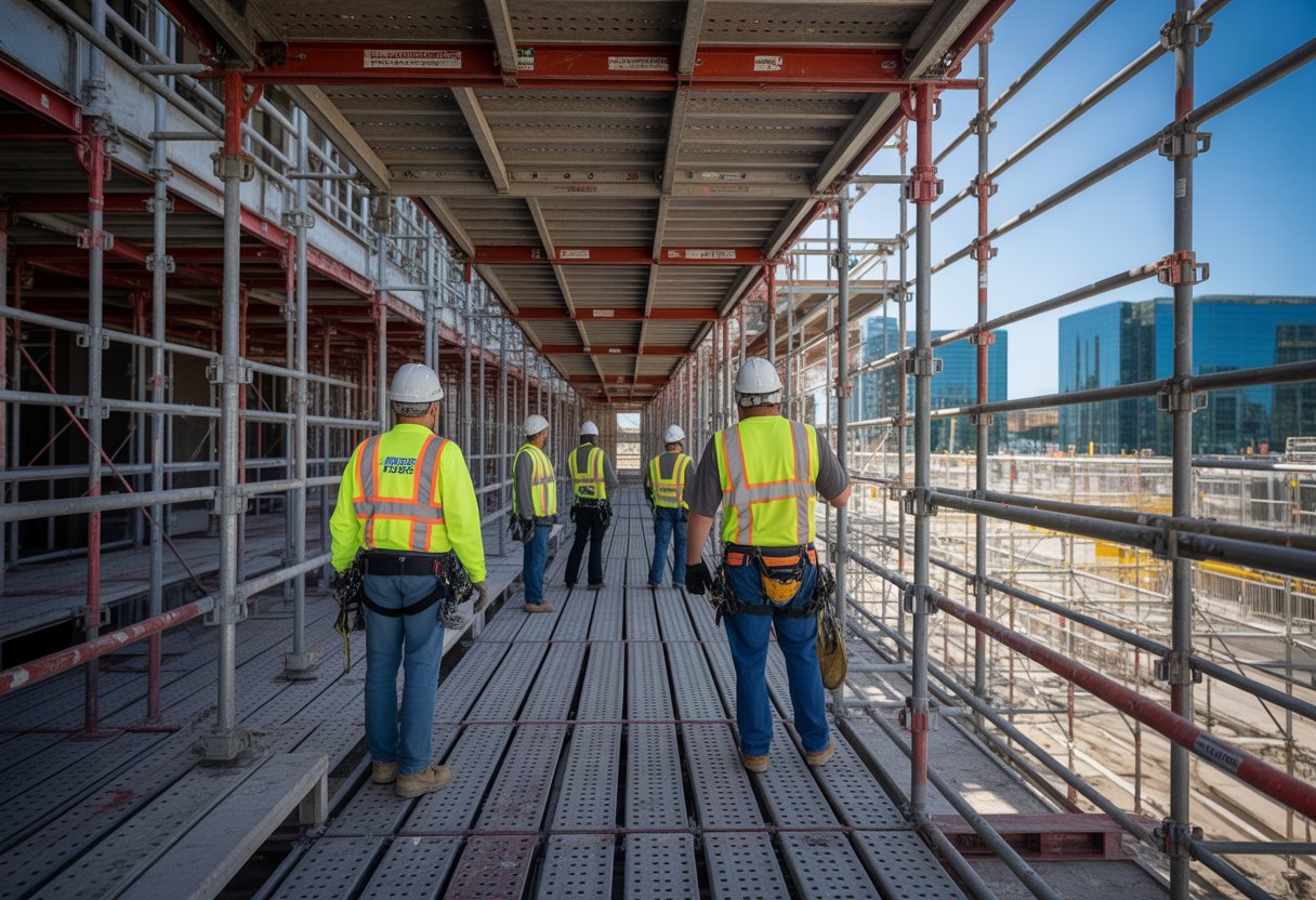 Construction workers wearing safety gear working on a well-built commercial scaffolding at a construction site.