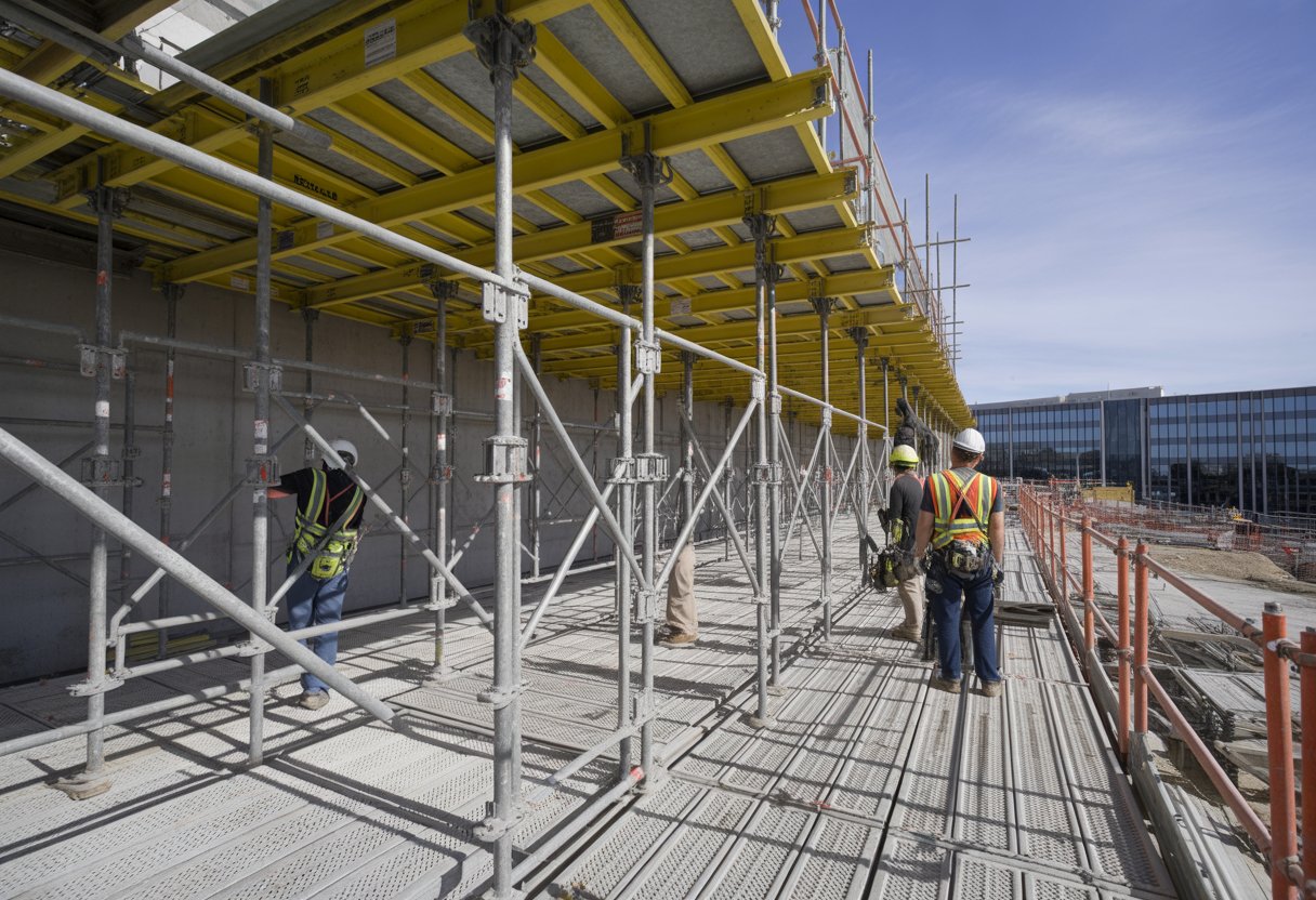 Construction workers wearing safety gear inspecting sturdy scaffolding on a commercial building site.