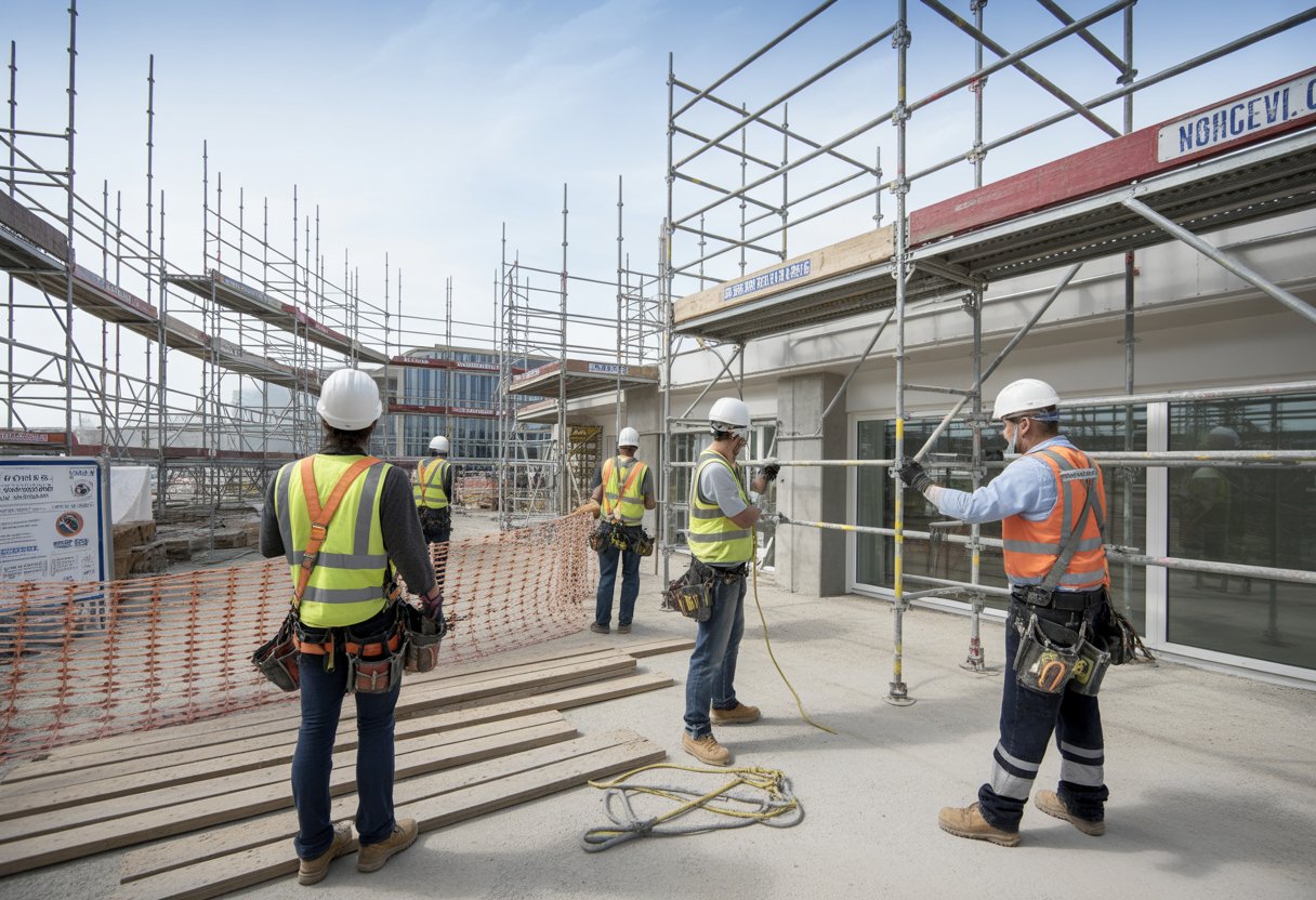 Construction workers wearing safety gear assembling and inspecting scaffolding around a commercial building under construction.