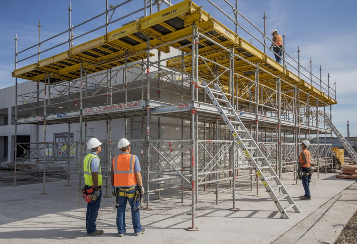 Construction workers wearing safety gear working on a multi-level commercial scaffolding structure at a building site.