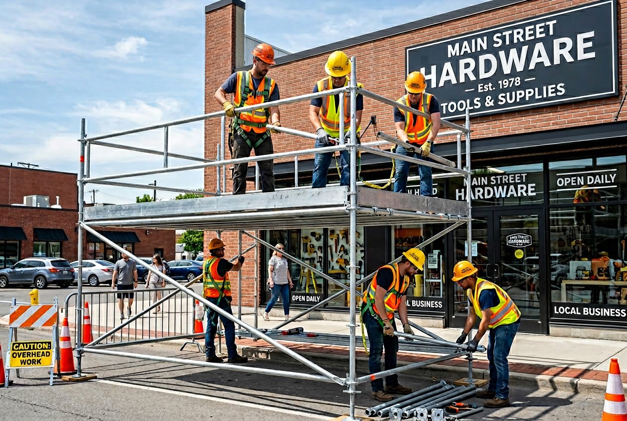 Workers similar to Kent Scaffolding staff assembling scaffolding outside a local business building during the day.