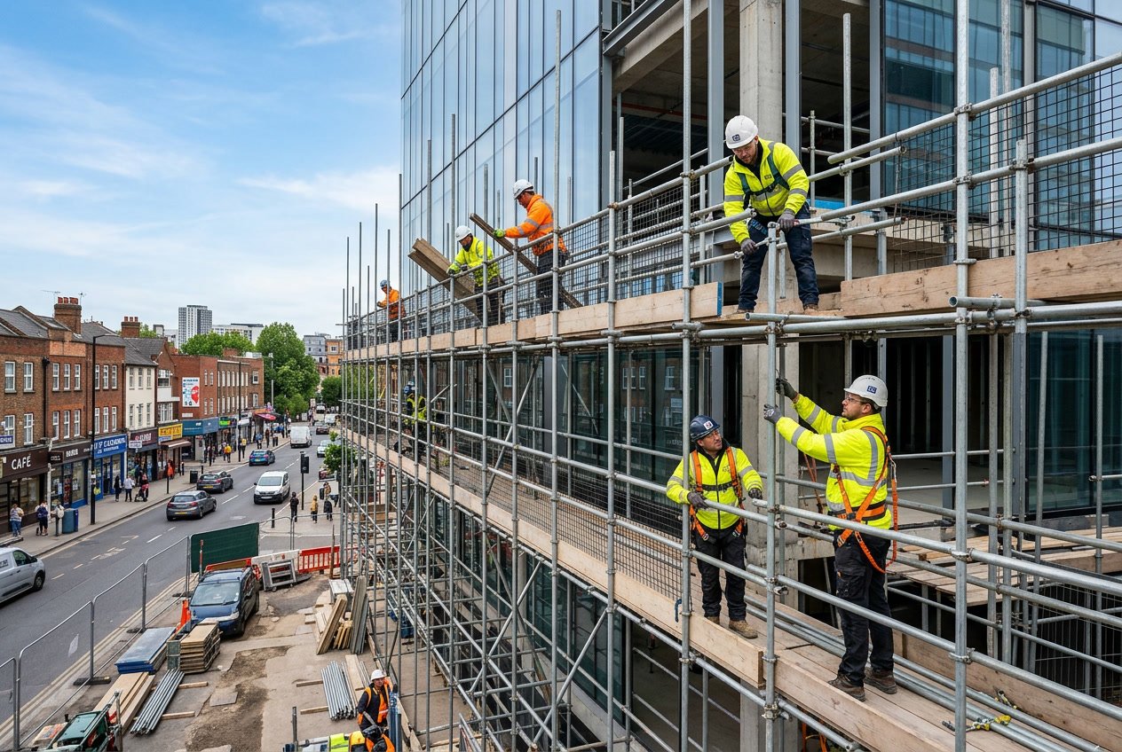 Workers in safety gear assembling access around a commercial building in a busy urban area.