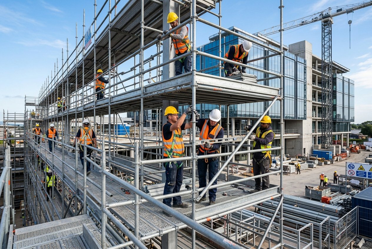 Construction workers assembling scaffolding around a commercial building under clear blue skies.