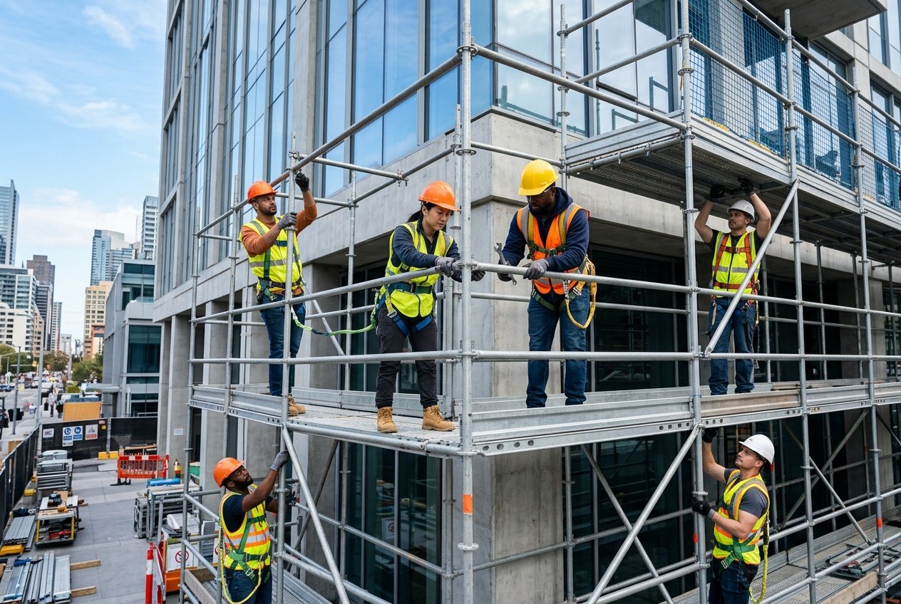 Construction workers installing scaffolding around a modern building, wearing safety gear and following safety standards.