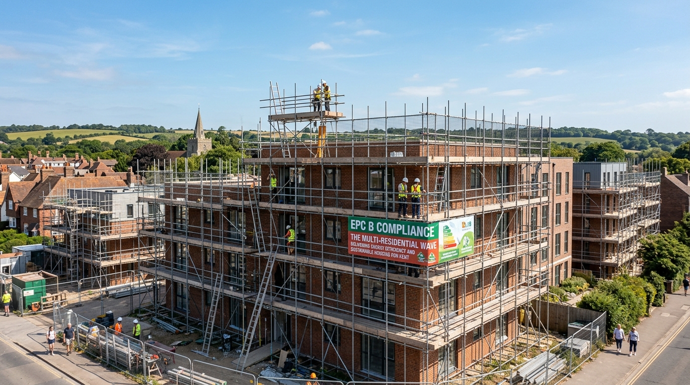 Large building with scaffolding and signage for EPC B Compliance