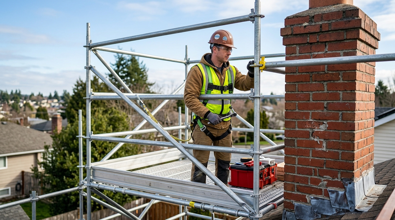 A scaffolder setting up scaffolding for chimney repairs
