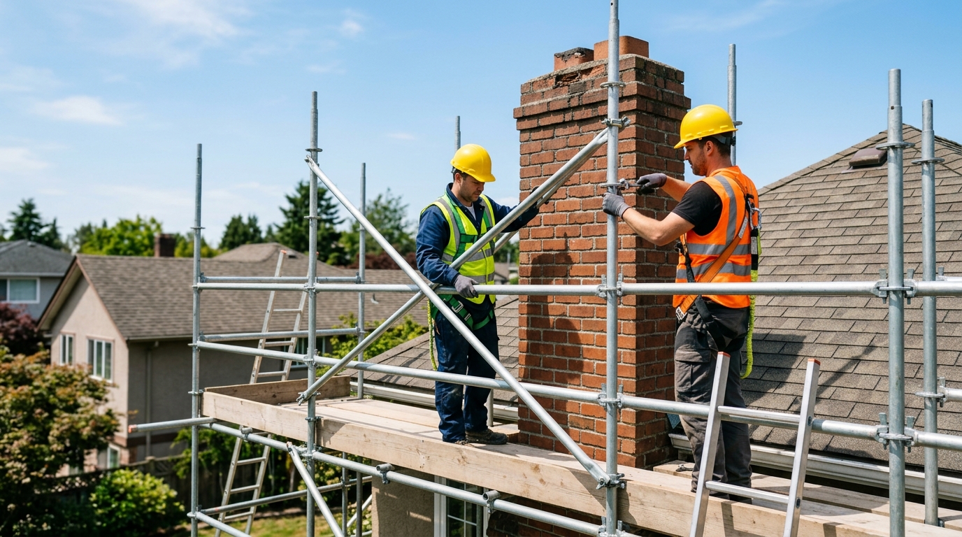2 professional scaffolders setting up scaffolding for chimney repairs
