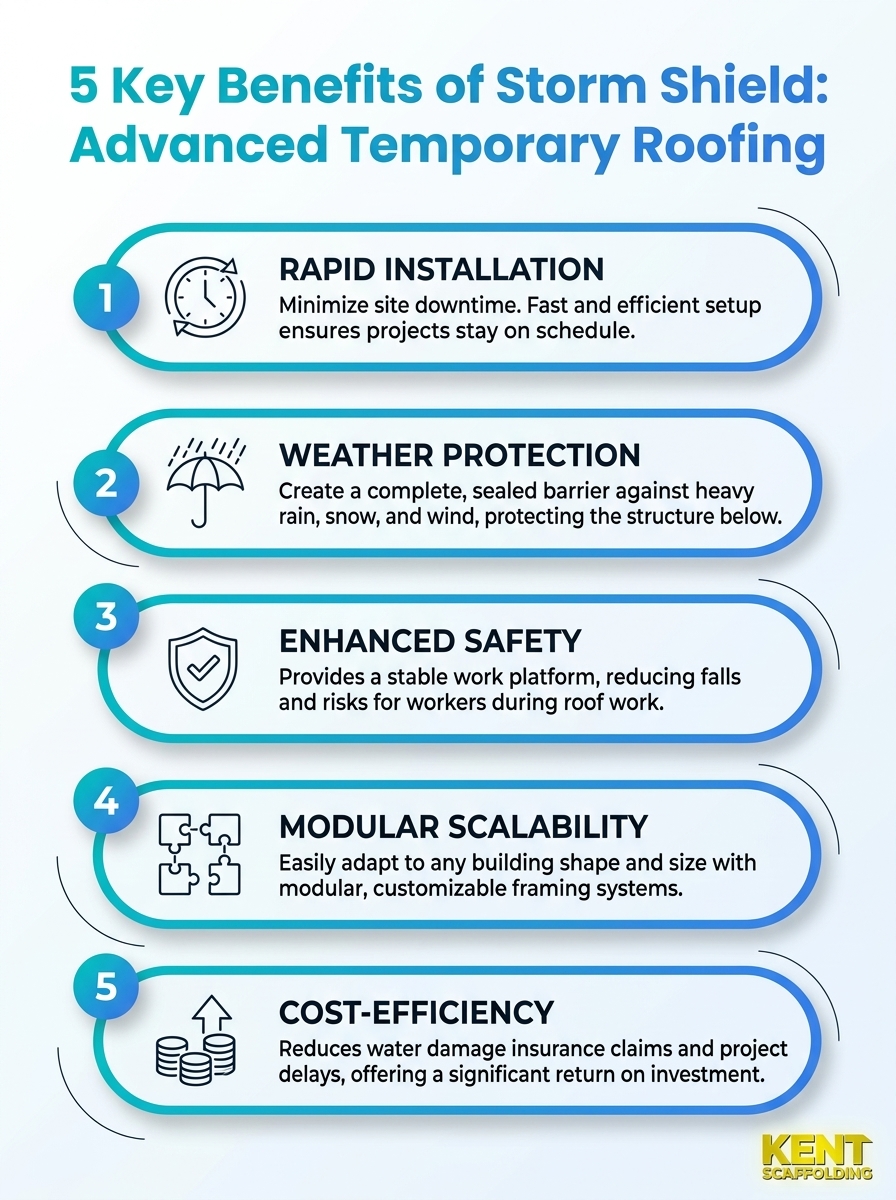 Infographic showing 5 key benefits of Storm Shield: Advanced Temporary Roofing.