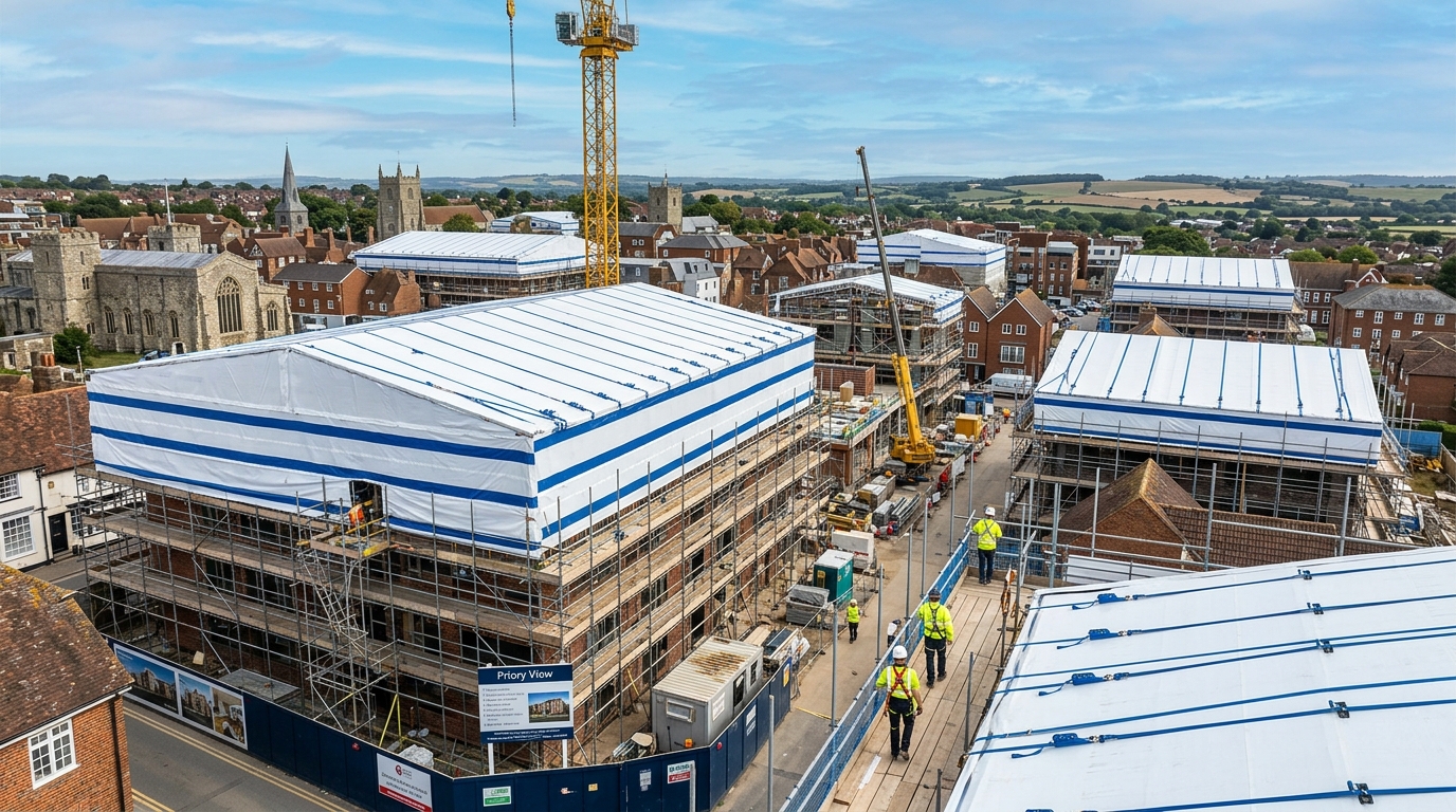 A number of properties with temporary roofing