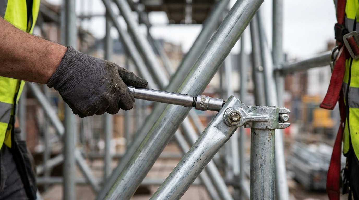 scaffolder tightening a scaffold clamp