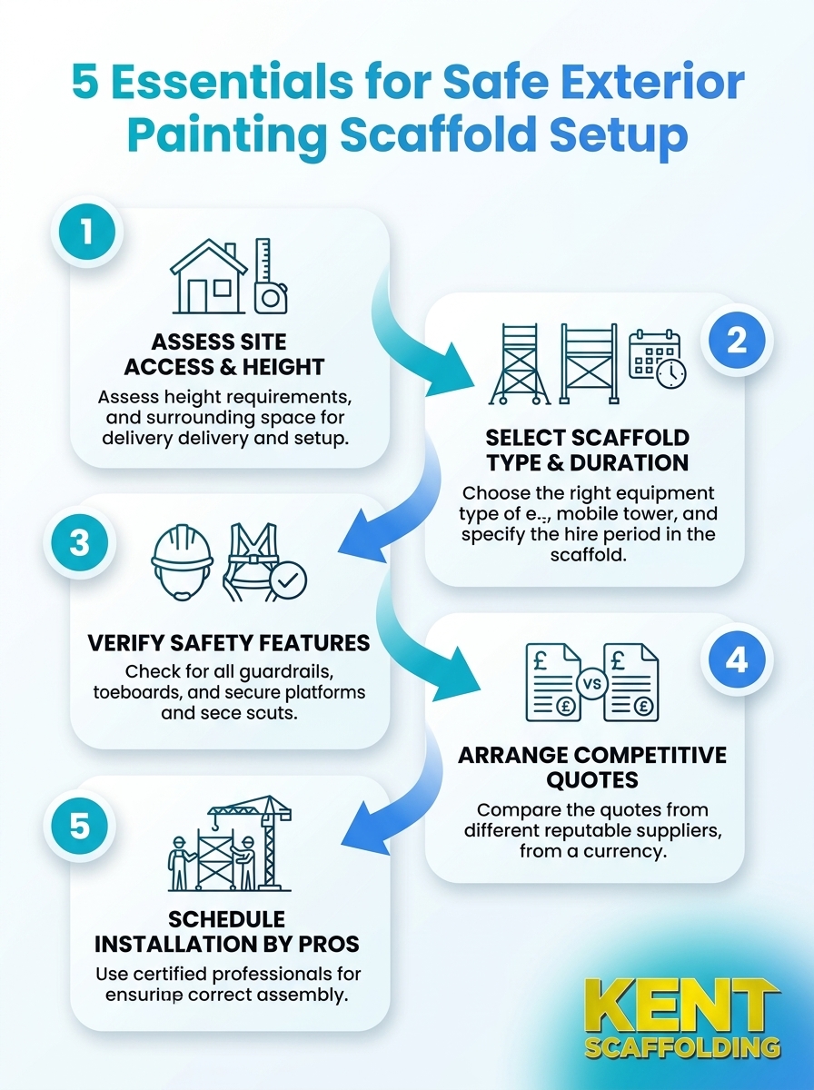 Infographic: Reliable Scaffolding Hire for External Home Painting Projects—5 Essentials for Safe Exterior Painting Scaffold Setup.