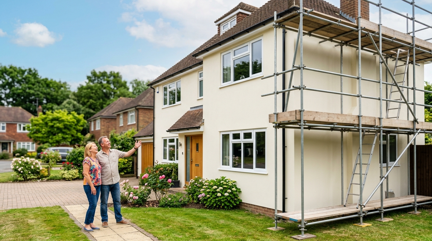 couple looking at scaffolding around their home