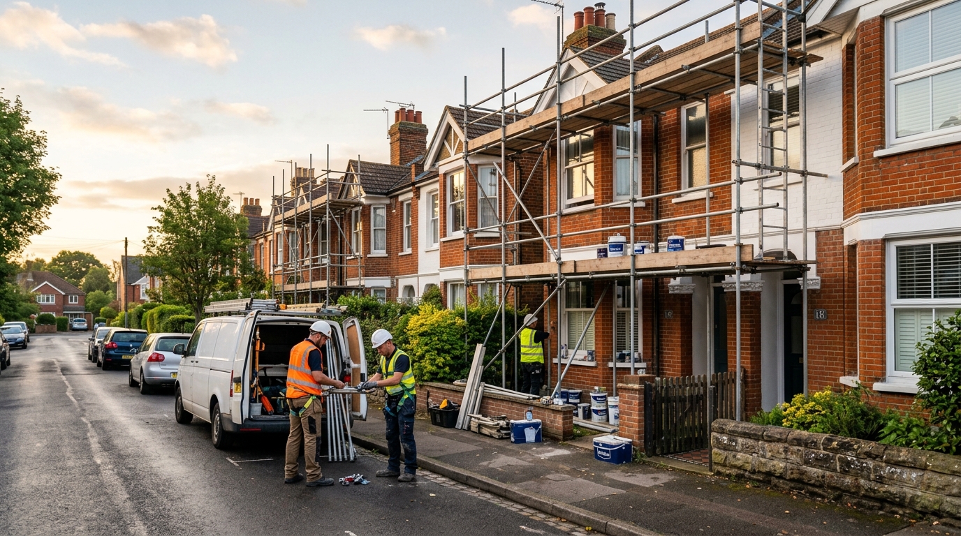 two men near a van parked outside a house with scaffolding