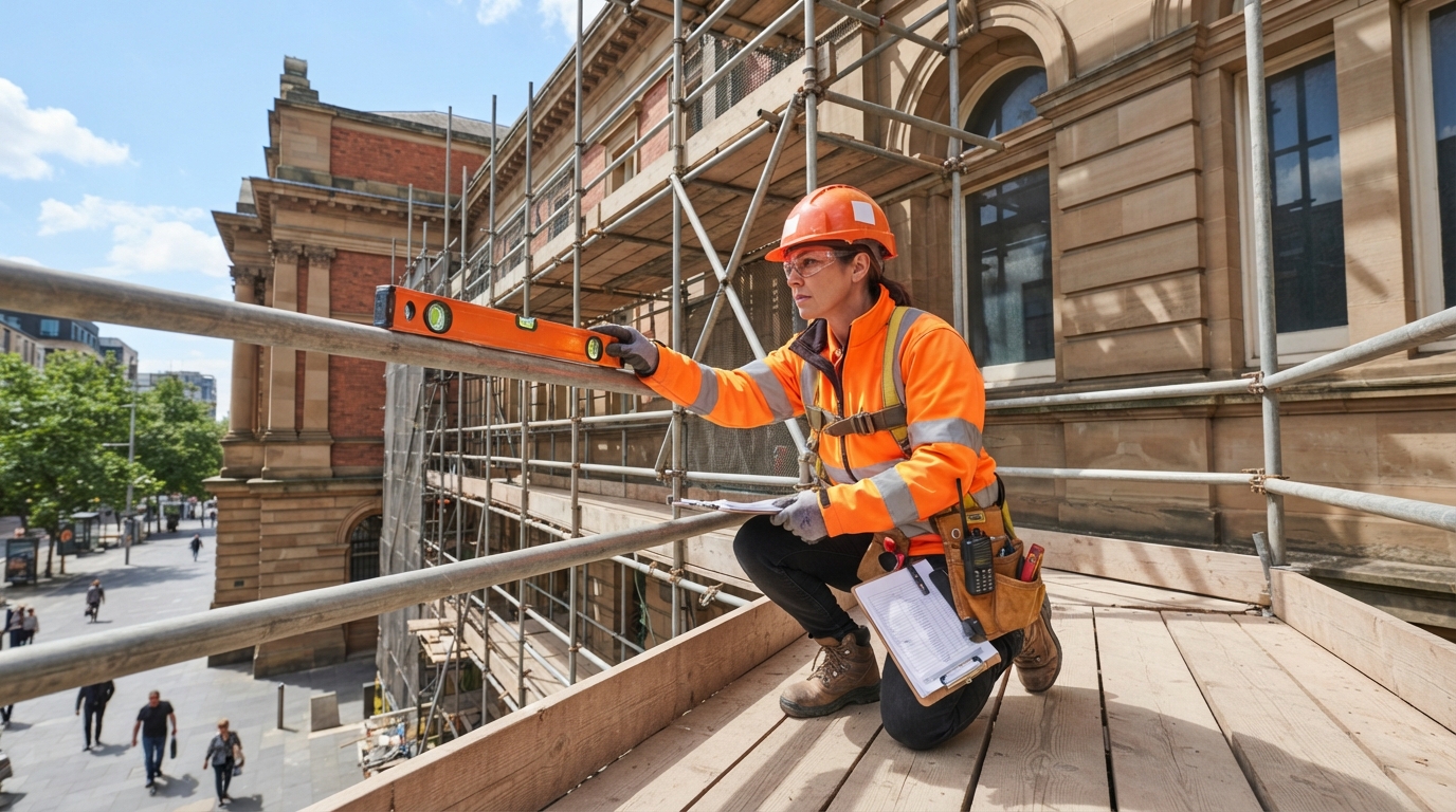 safety person checking levelness of scaffolding
