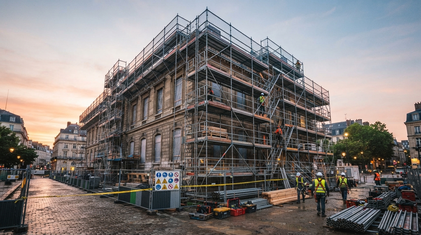 large commercial building covered with scaffolding