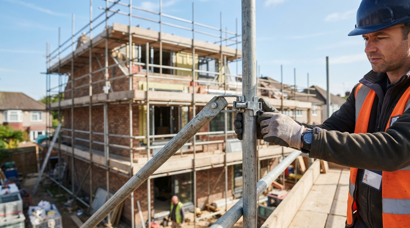 scaffolder erecting scaffolding for a multi-story extension