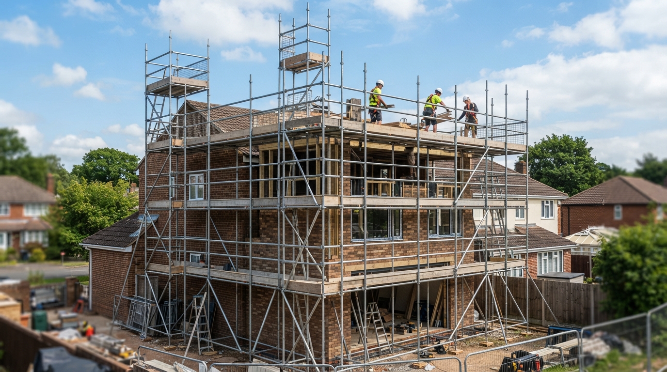 scaffolding on a multi-story extension