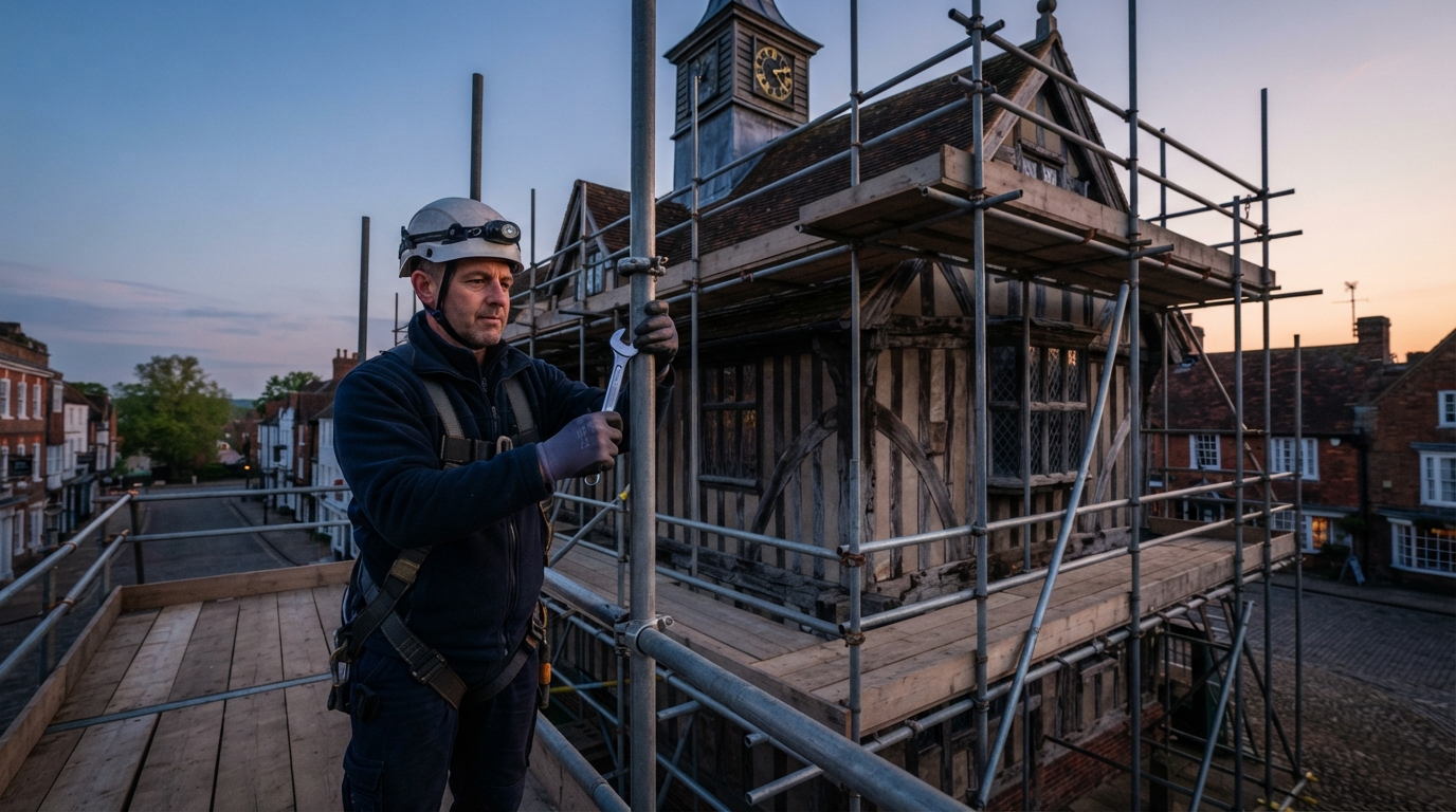Scaffolder installing scaffolding around a heritage building