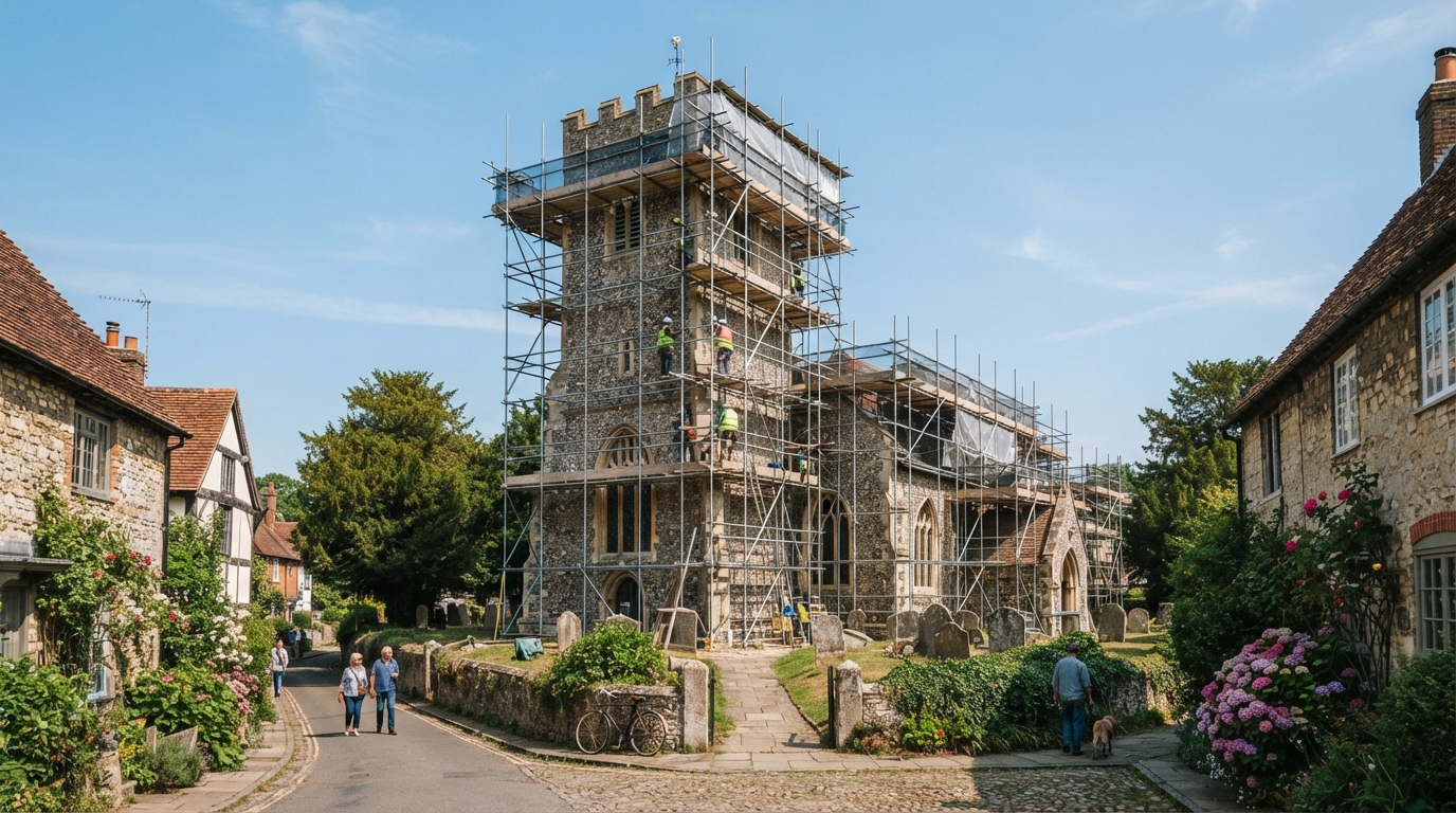 scaffolding surrounding an old church