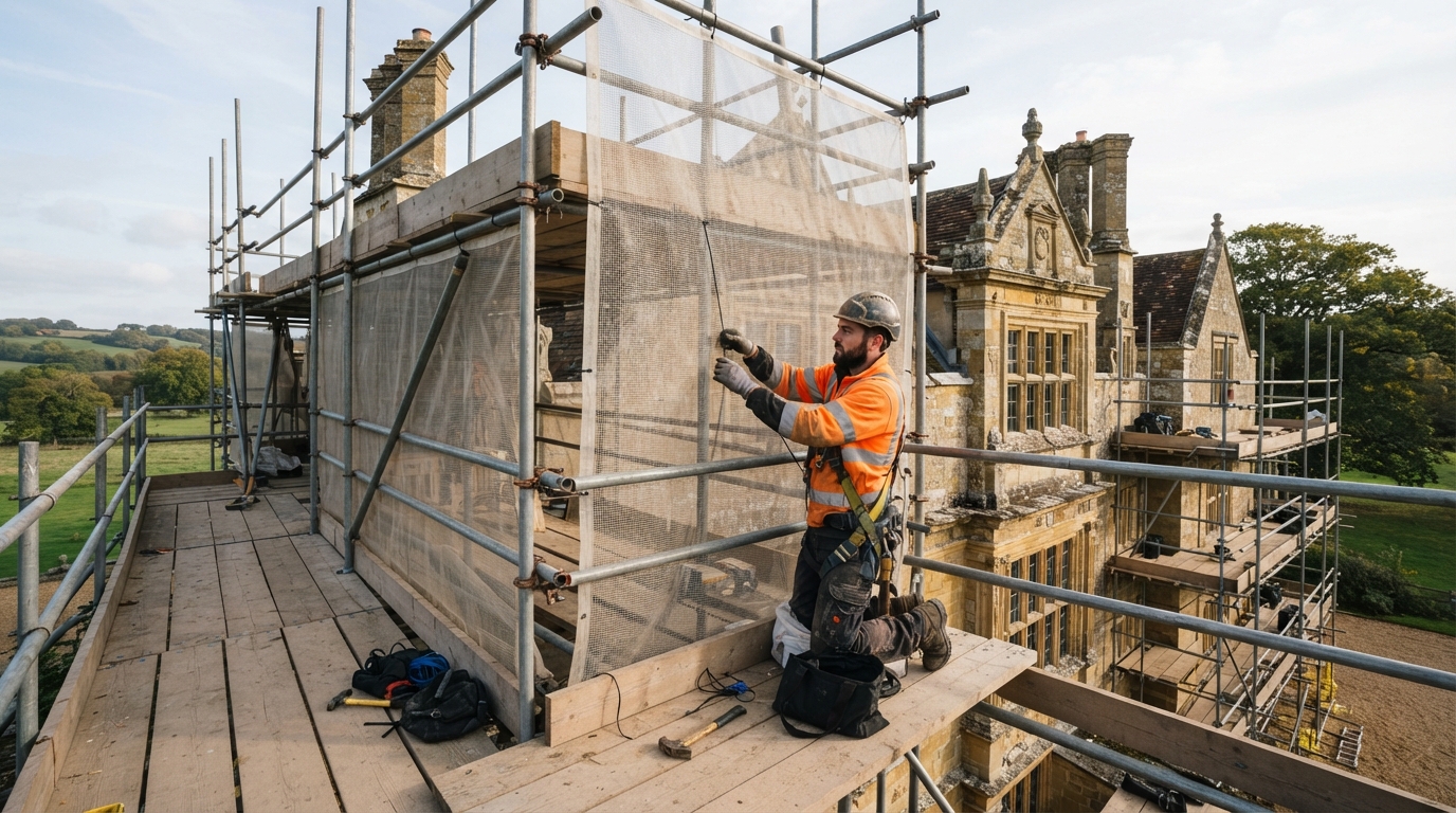 Scaffolder installing scaffolding around a heritage building